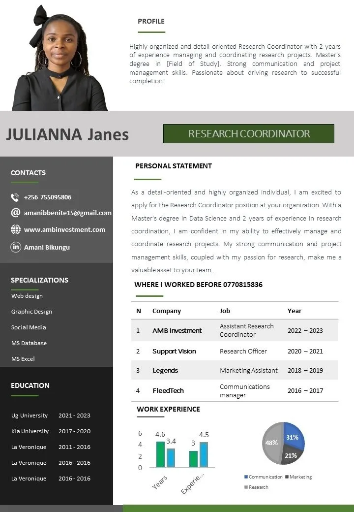 Free CV PowerPoint template for a Research Coordinator